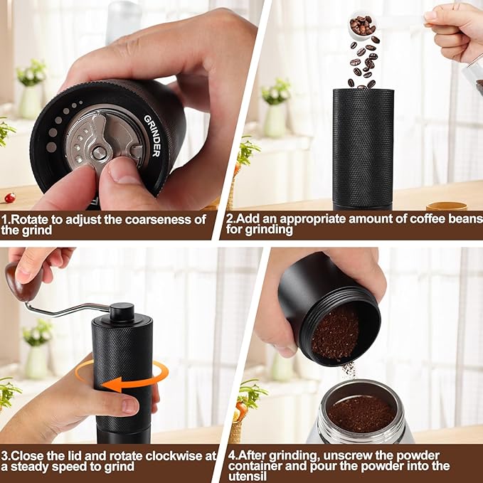 Manual Coffee Grinder Gift Box Non-Detachable Stainless Steel Conical Burr Aluminum Coffee Bean Grinder with 25 Grinding Settings Cleaning Brush Grindable Espresso Moka Pot for Camping Black