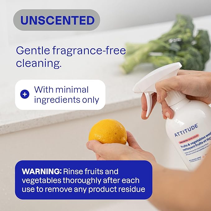 ATTITUDE Fruit & Vegetable Wash, Unscented Food-Safe Produce Wash to Remove Dirt, Wax & Residue, Vegan Plant-Based Produce Cleaner, 27.1 Fl Oz (Pack of 3)