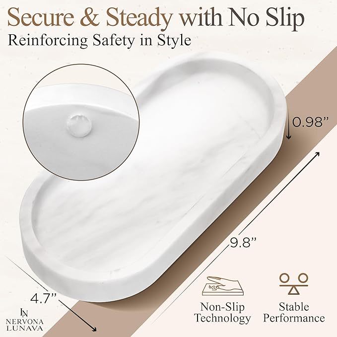 Lunava Real Natural Marble Tray for Bathroom Counter, Oval Natural Marble Tray for Kitchen Counter, Hand-Polished Natural Stone Caddy for Vanity, Sink, or Dresser, 9.8"x4.7"in, White