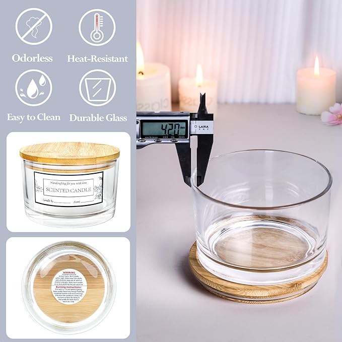 CONNOO 24oz Clear Glass Candle Jars 6 Pack, Multi-Wick Wide Mouth Empty Bulk Candle Containers for Making Candles with Airtight Bamboo Lids, Sticky Warning Labels, Wick kit- Dishwasher Safe