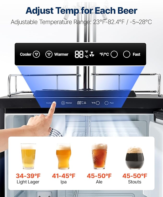 VEVOR Beer Kegerator, Triple Tap Commercial Draft Beer Dispenser for D system, Full Size Keg Refrigerator with 5lbs CO2 Tank, Hold 3 Sixth/2 Slim/3 Ball lock keg (3 taps - ball lock)