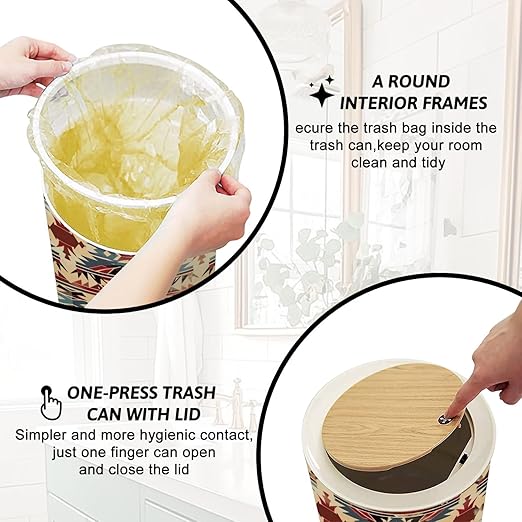 Trash Can with Lid Native pattern american tribal indian ornament pattern geometric Press Top Round Small Garbage Bin with Wooden Legs Waste Basket for Kitchen Bedroom Nursery 7L/1.8 Gallon