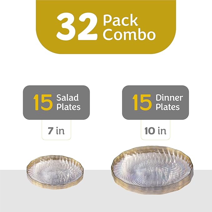 PLASTICPRO 120 Pack Plastic Plates Set of 60-10 inch Plates and 60-7 inch Plates, Elegant Clear Spiral and Gold Rim Disposable Fancy Plates Premium Heavyweight
