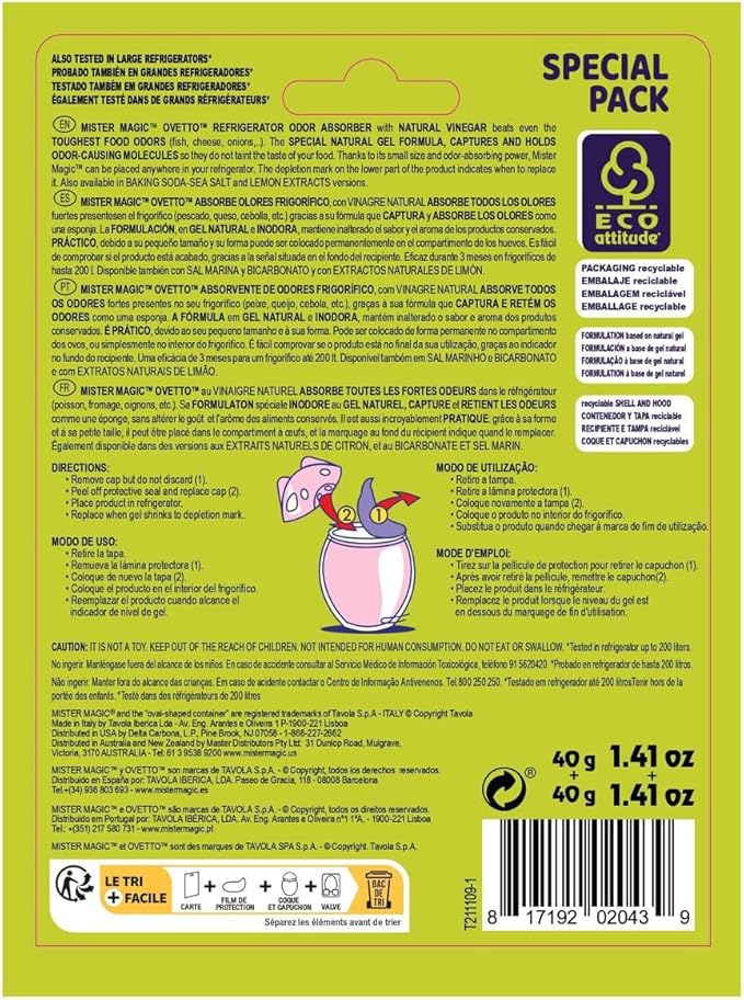 Mister Magic Refrigerator Odor Absorber – Natural Vinegar Formula Gel, Odorless Fridge Deodorizer, Neutralizes Food Odors, Lasts Up to 90 Days, Kitchen Supplies (6 Pack, Contains 12 Units)