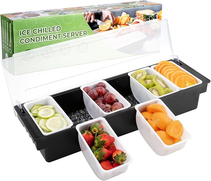 Ice Cooled Condiment Serving Container Fruit Veggie Condiment Caddy Plastic Garnish Station with Lid for Fruit,Ice Cream,Salad Bar-Topping Organizer for Restaurant Supplies (6 Compartments)