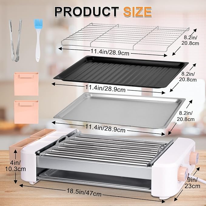 Electric Hot Dog Roller 6 Rollers - 3 in 1 Indoor Grills Portable with Non-stick & Smokeless Removable Grill & BBQ Griddle Plate,Stainless Sausage Grill Cooker Machine, for Family party Use