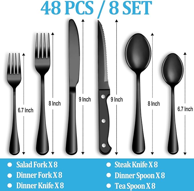 48 Pcs Black Silverware Set with Steak Knives, Stainless Steel Flatware Cutlery Set Service for 8, Kitchen Tableware Set, Utensil Set for Home and Restaurant, Knives Forks Spoon Set, Dishwasher Safe
