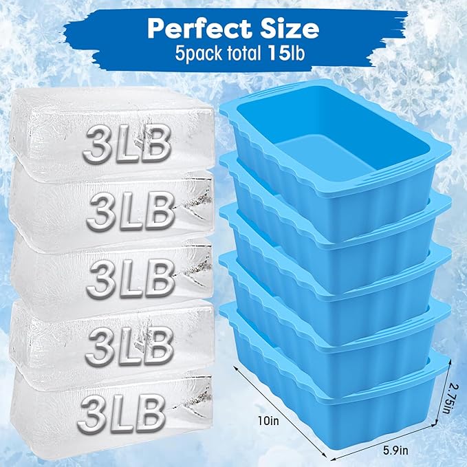 Haldane 5PC Extra Large Ice Block Mold 15LB Ice Cube Bricks Maker Molds for Cold Plunge/Coolers, Reusable Ice Bath Water Chiller, Thick Silicone Ice Bath Accessories Blue