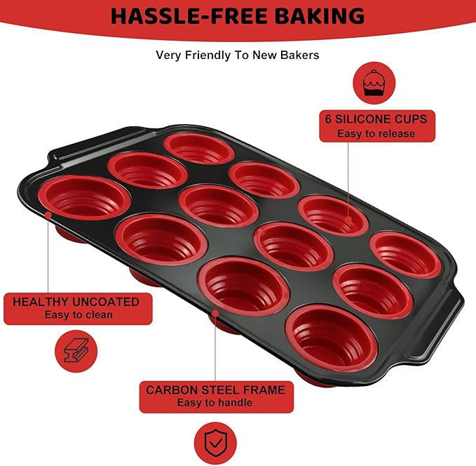 Silicone Muffin Pan Set, Reinforced Metal Frame Cupcake Baking Pan with Brush & Scraper 12-Cup Muffin Tin, Silicone Muffin Pan for baking for Toast Cupcakes Brownies Canele Mold Oven Dishwasher Safe