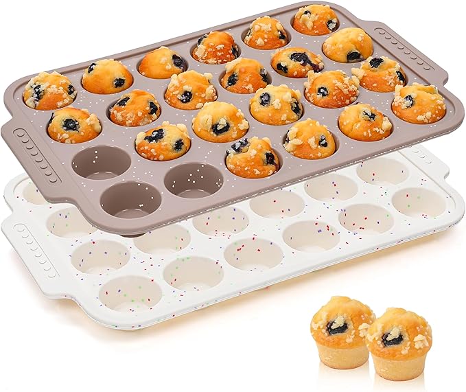 2 Pcs Silicone Muffin Pans for Baking with Metal Reinforced Frame, Nonstick Cupcake Tray for Oven, 24 Cups Mini Size Silicone Molds for Egg Bites, Dishwasher Safe (Brown, Cream)