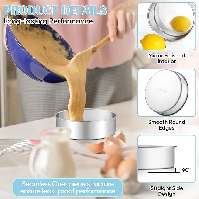 TeamFar 6 Inch Cake Pan, 4 Pcs Round Tier Cake Pans Set Stainless Steel for Baking Steaming Serving, Fit in Oven Pot Air Fryer, Healthy & Heavy Duty, Mirror Finish & Dishwasher Safe