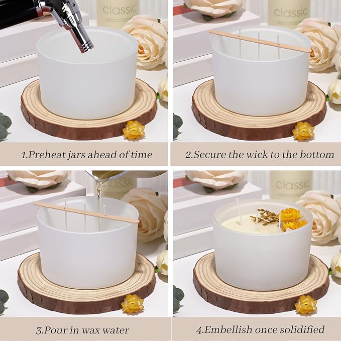 CONNOO 24oz Matte White Glass Candle Jars 6 Pack, Multi-Wick Wide Mouth Empty Bulk Candle Containers for Making Candles with Airtight Bamboo Lids, Sticky Warning Labels, Wick kit- Dishwasher Safe