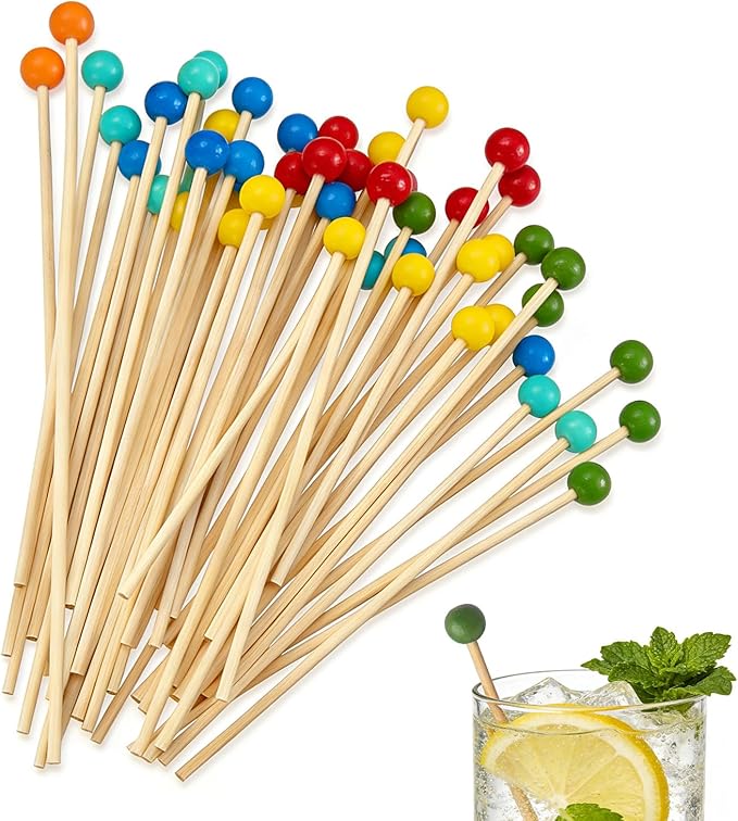 100PCS Rock Candy Sticks with Ball Tips,6 Inch Wood Swizzles Sticks,Natural Wood Cake & Drink Stirrer Sticks for Lollipop Coffee Appetizer Skewers (Multi-color)