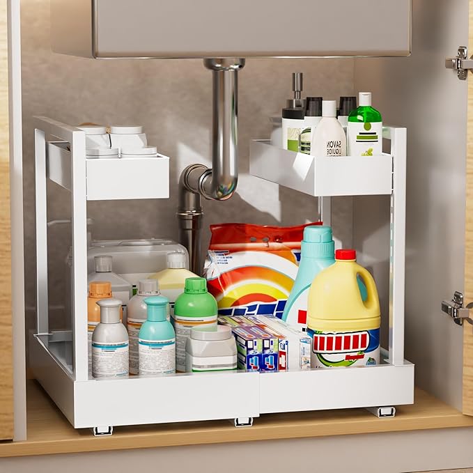 NEWMATIC Adjustable Under Sink Organizer Pull Out Drawers, 2-Tier Slide Out Cabinet Storage Shelf for Kitchen Sink, Height & Width Extendable White, 15''D x 13''-20.5''W x 15''H(1Pack)