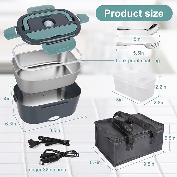 Herrfilk Electric Lunch Box Food Heater, 3 in 1 Ultra Quick Heated Lunch Boxes for Adults, 12V/24V/110V Portable Food Warmer for Car/Truck/Office With Fork Spoon and Insulated Carry Bag