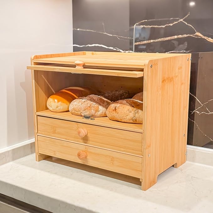 Bamboo Bread Box for Kitchen Countertop & Dining Room,Wooden Storage with Display Compartment & Built-in Bread Slicer,Eco-Friendly Organizer for Homemakers, Bakers & Bread Lovers ﻿