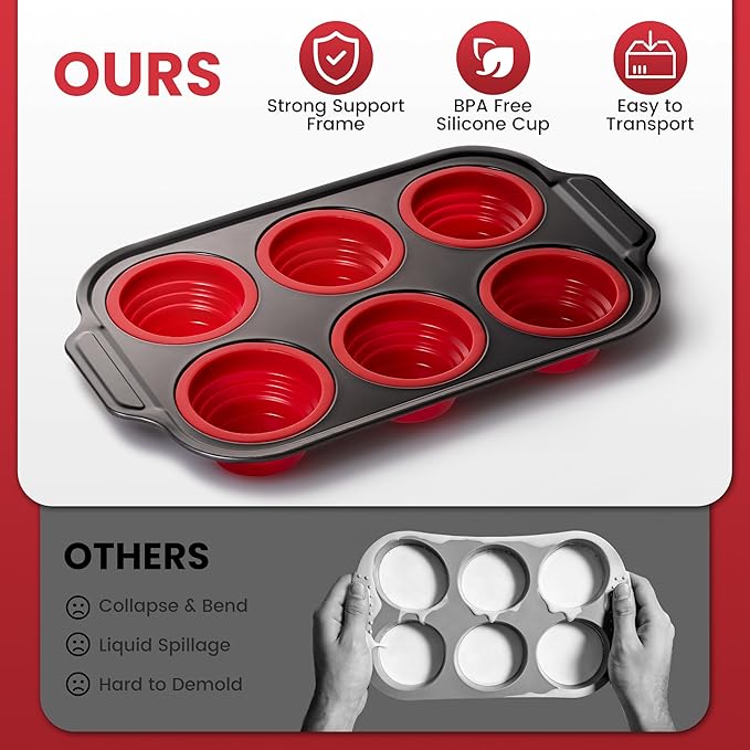 Silicone Muffin Pan for Baking with Metal Reinforced Frame - 6 Cups Regular Size Cupcake Pan Muffin Tins Egg Bite Molds - Nonstick, Easy to Pop, Bakeware for Oven, BPA Free (6-Cups Red)