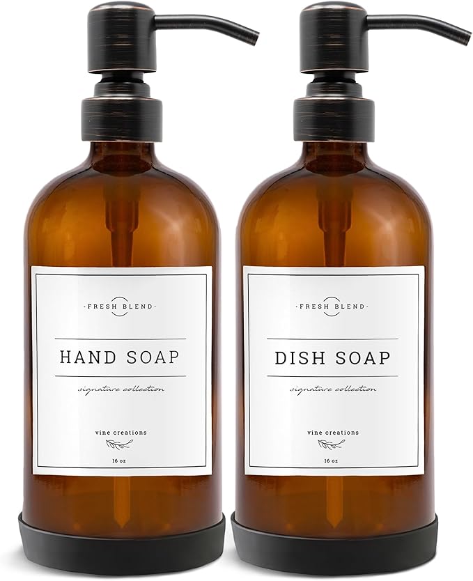 Vine Creations Amber Glass Soap Dispenser, 2 Pack Kitchen Soap Dispenser Set with Stainless Steel Pump, 16 oz Dish Soap and Hand Soap Dispensers for Bathroom with Waterproof Labels