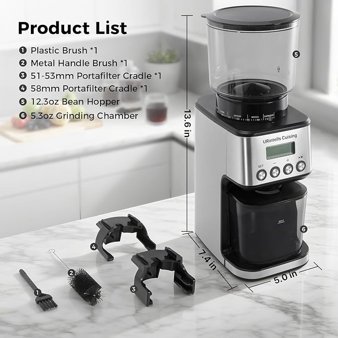 URintells Cuising Espresso Grinder, Burr Coffee Grinder with 51 Grind Settings, Precision Timer, Stainless Steel Coffee Grinder with Easy Cleaning, Anti-Static Design & 3 Operation Modes