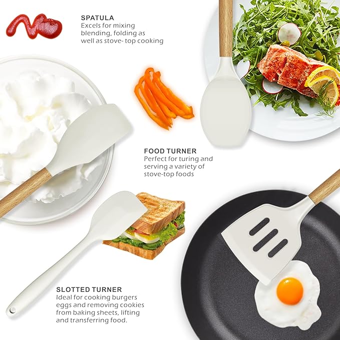 oannao Silicone Cooking Utensils Set - 446°F Heat Resistant Silicone Kitchen Utensils for Cooking,Kitchen Utensil Spatula Set w Wooden Handles and Holder for Non-Stick Cookware (Cream White)