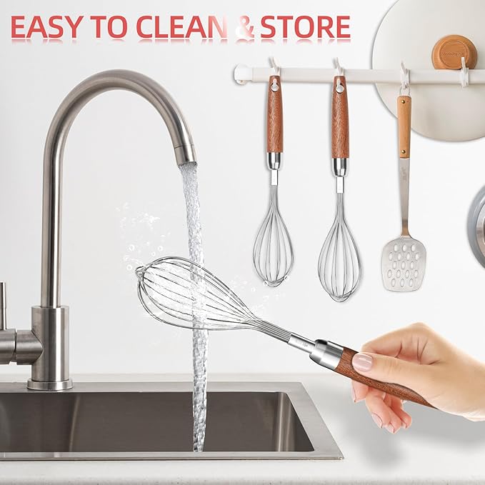 Stainless Steel Wire Whisk for Cooking- Wooden Handle Kitchen Multi Function Non Stick Balloon Whisk Egg Beater for Blending Whisking Beating Frothing Stirring Batters (9"L x 1.8"W)