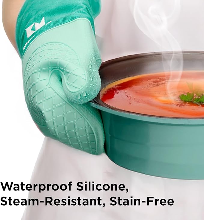 Kitchen Mama UltraShield Silicone Oven Mitts – Heat Resistant, Non-Slip Surface, Durable, Safe, Pot Holders, Flexible Waterproof Glove Set, Perfect for Cooking, Baking, Grilling, BBQ (Teal)