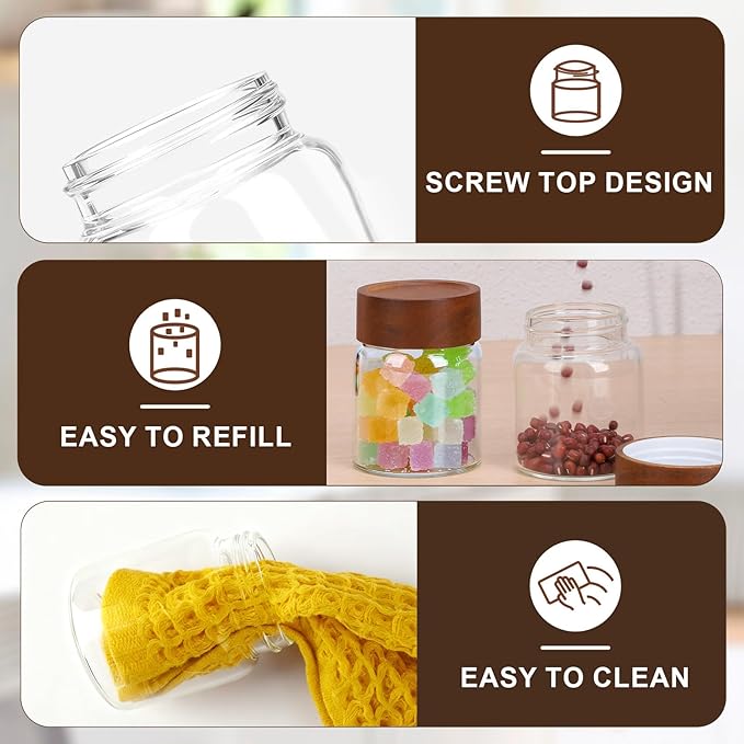 5oz Coffee Jars with Wood Lids, 4 Pack 160ml Clear Glass Storage Jars with Airtight Screw Lids, Empty Spice Bottles Food Storage Containers Meal Prep Canister for Salad, Sugar, Honey, Tea, Candy