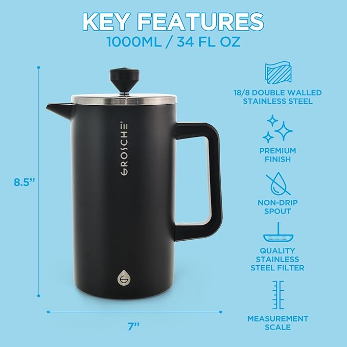 GROSCHE Dub'lin Stainless Steel Coffee Maker French Press 8 Cup | 34 FL Oz Coffee Press, 18/8 Double Walled Stainless Steel French Press Coffee Maker - Hot/Cold Brew | Stainless French Press - BLACK