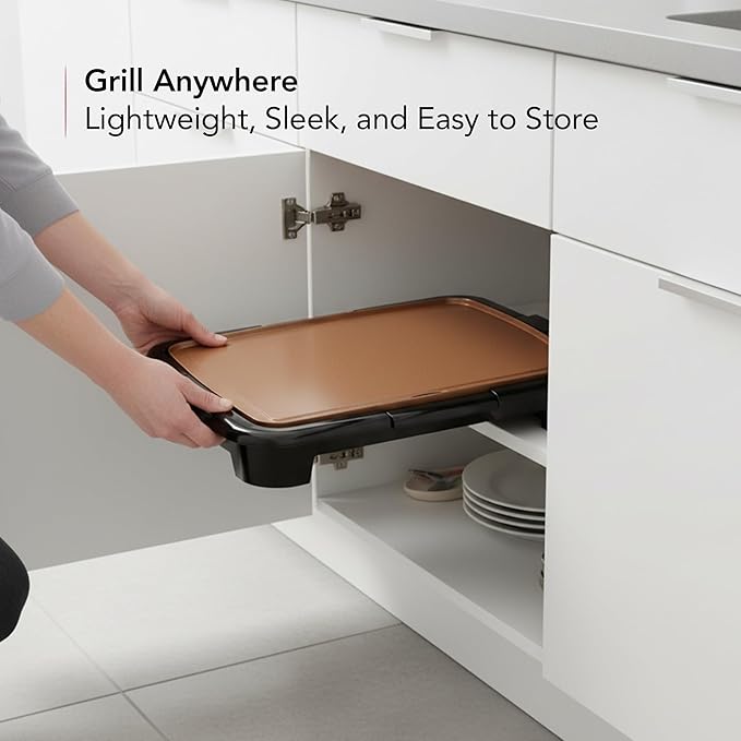 OVENTE Electric Griddle with 16 x 10 Inch Flat Non-Stick Cooking Surface, Removable and Adjustable Temperature Control, Indoor Grill for Instant Breakfast, Pancakes, Eggs or Burgers, Copper GD1610CO