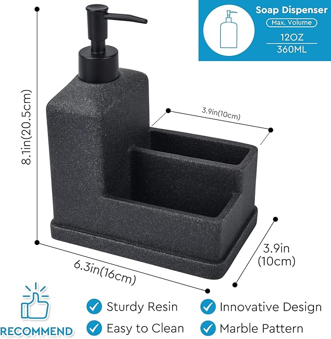 Dish Soap Dispenser with Sponge Holder,Liquid Hand and Dish Soap Dispenser and Spong Caddy with Brush Holder 3 in 1 Countertop Organizer for Kitchen Sink and Bathroom,Black