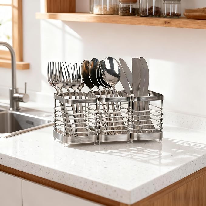 Utensil Holder, Stainless Steel Utensil Drying Rack for Kitchen Counter, Silverware Cutlery Flatware Holder Forks, Knives, Spoons, Chopsticks Organizer (Silver)