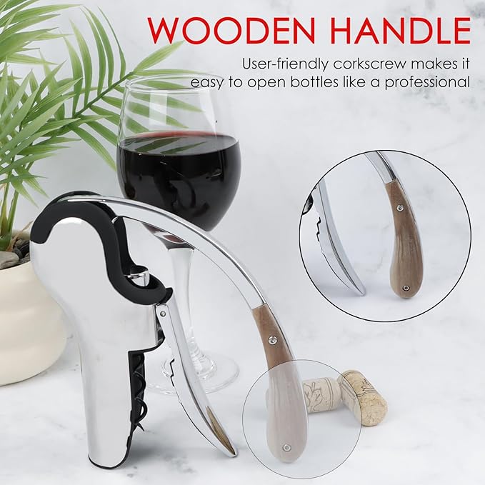 KAYCROWN Stainless Steel Wine Bottle Opener, Vertical Lever Corkscrew with Built-in Foil Cutter Design, Manual Handheld Corkscrew with Ergonomic Lever Pump