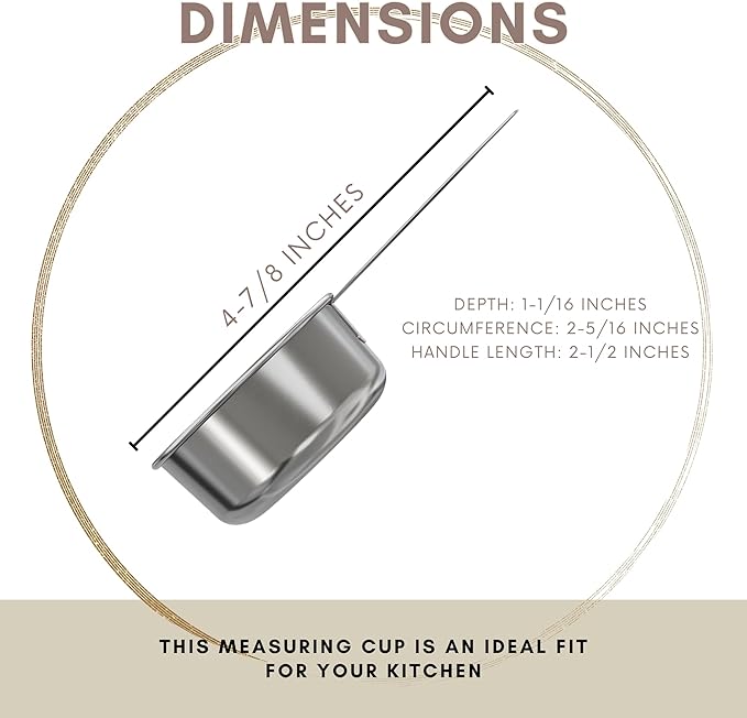 1/4 Cup Stainless Steel Measuring Cup | Sturdy Metal 60 ml | 60 cc | 2 oz | Single Cup for Wet and Dry Ingredients | Great for use as 1/4 Cup Dog Food Scoop - 1 PK