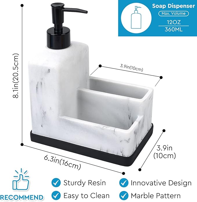 Dish Soap Dispenser with Sponge Holder,White Marble Look Liquid Hand and Dish Soap Dispenser and Spong Caddy with Brush Holder 3 in 1 Countertop Organizer for Kitchen Sink and Bathroom,White