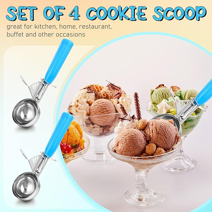 Reallnaive 4 Pcs Release Cookie Scoops Ice Cream Scooper with Trigger Release Portion Scoop Stainless Steel for Portion Control, Baking Food, Cookie Dough (2 oz,Blue)