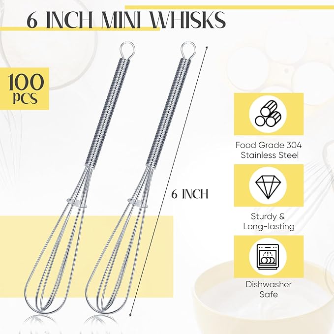 Baderke 100 Pcs 6 Inch Mini Whisk Bulk Small Whisks for Cooking 304 Stainless Steel Tiny Whisk for Baking, Whipping, Beating Eggs, Mixing Sauces, Blending Ingredients