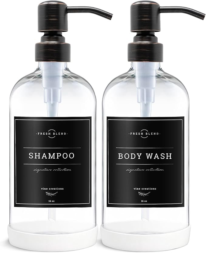 Vine Creations Clear Glass Soap Dispenser, 2 Pack Kitchen Soap Dispenser Set with Stainless Steel Pump, 16 oz Dish Soap and Hand Soap Dispensers for Bathroom with Waterproof Labels