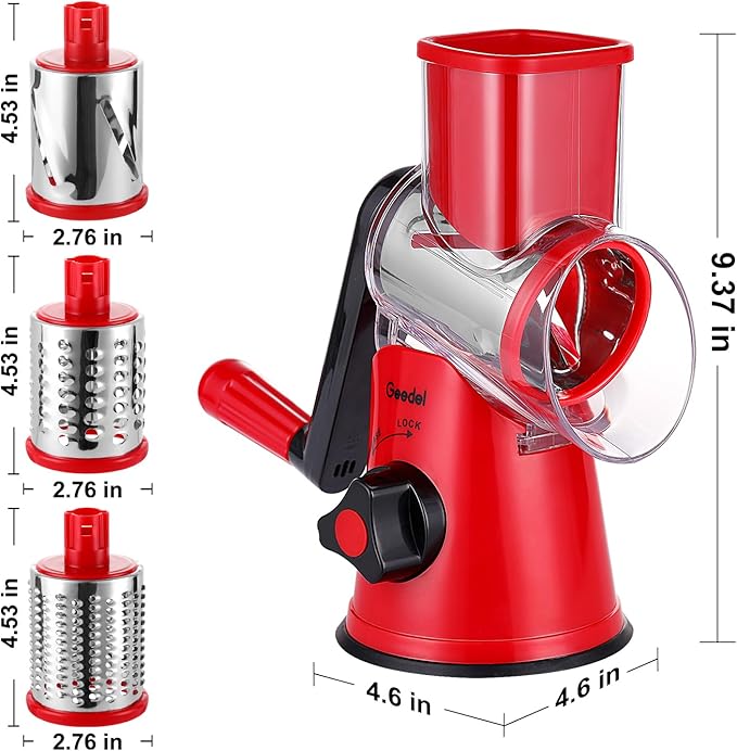 Geedel Rotary Cheese Grater, Kitchen Mandoline Vegetable Slicer with 2 Interchangeable Blades, Easy to Clean Rotary Grater Slicer for Fruit, Vegetables, Nuts