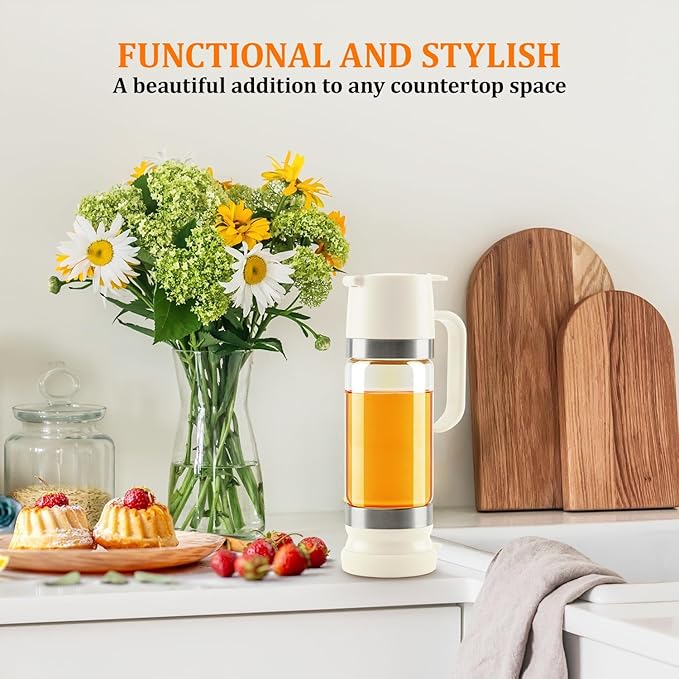 Aelga Honey Dispenser, Honey Dispenser No Drip 12 oz Glass Honey Jar with Handle, Easy Pour Syrup Dispenser for Coffee Bar, Tea & Kitchen Accessories (White)