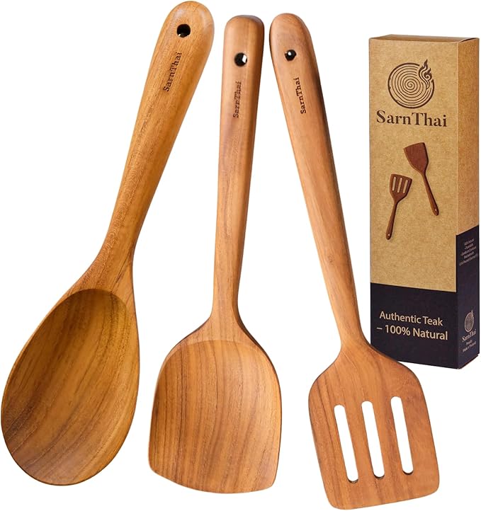 SarnThai Wooden Spoons for Cooking – 3 PCS Handcrafted Thai Teak Utensil Set, Stirring Spatula & Serving Spoon, Eco-Friendly, Ideal as Wok Spatula Wood