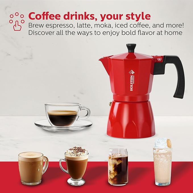 Holstein Housewares - 6 Cup Aluminum Stovetop Espresso Maker and Moka Pot - Great Tasting Traditional Espresso Coffee, Italian and Cuban Café Brewing in Minutes, Red