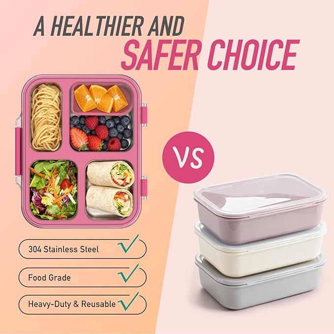 Stainless Steel Bento Box for Kids with Silicone Container, 4 Compartment Metal Lunch Box Kids Adults, Removable Silicone Seal & Clear Lid, Leak Proof Food Storage Container for Meal(Pink)