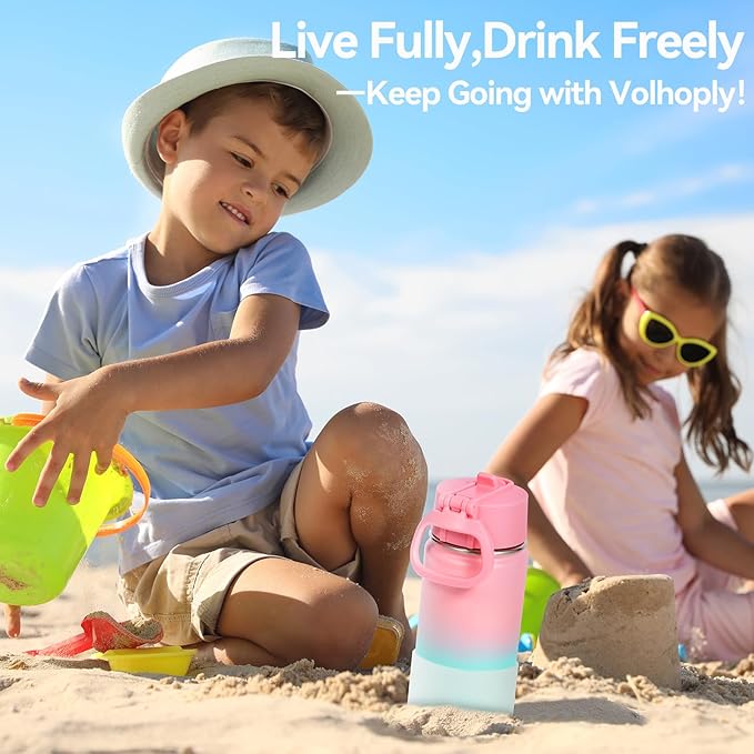 Volhoply 14oz KIds Stainless Steel Insulated Leakproof Water Bottle with Straw Lid and Silicone Boot,BPA-Free Easy Use for Boys&Girls,Double Wall Vacuum Bottles(Pink Green,1)