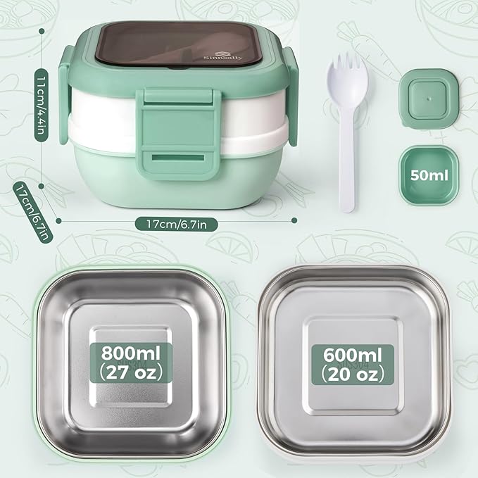 Sinnsally Bento Box Adult Lunch Box with Stainless Steel Container,Metal Lunchable Food Storage Container with Sauce Jar (Khaki Green)