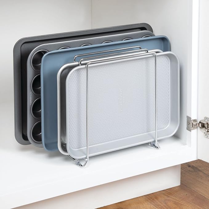 mDesign 5 Slot Pot and Pan Rack — Metal Wire Rack for Cabinets, Pantries or Kitchen Surfaces — Freestanding Pan Stand for Pans, Pots, Lids and Crockery – Silver