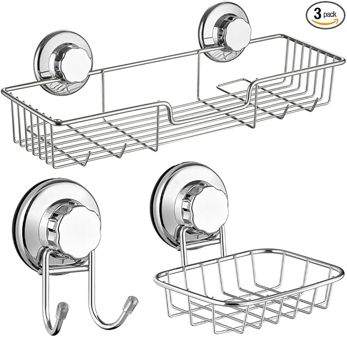 SANNO Suction cups Shower Caddy Soap Dish Double Bath Hook-Bath Organizer Kitchen Storage Basket for Shampoo, Conditioner, Soap- Anti Rust stainless steel (set of 3)