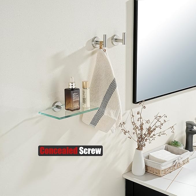 JQK Bathroom Glass Shelf, Tempered Glass Shower Storage 8 by 5 inches, 304 Stainless Steel Brushed Finish Wall Mount, TGS101L8-BN