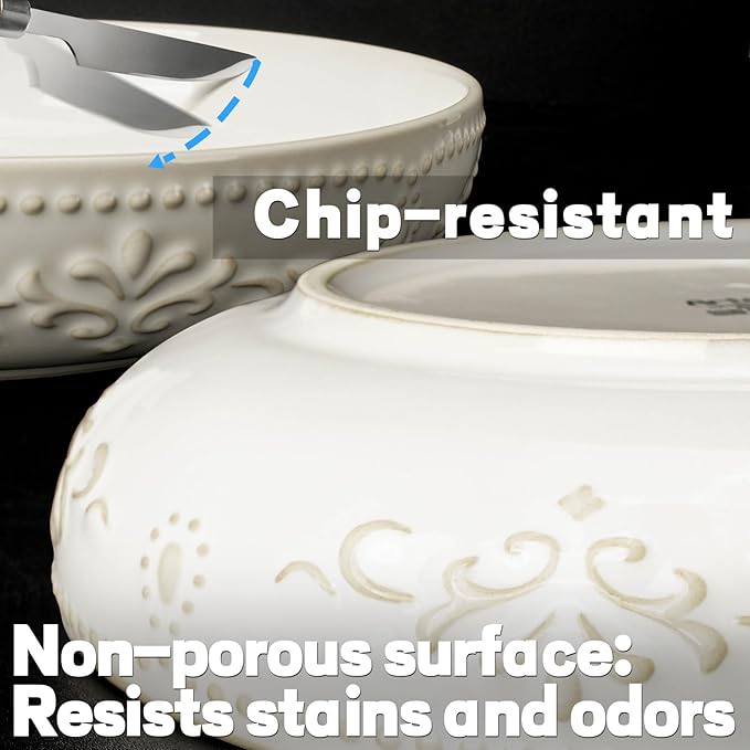 Artena Pasta Bowls, 50oz Large Salad Serving Bowls, 9.75'' Plates Bowl Set of 4, Big White Ceramic Soup Bowl for Kitchen, Embossment Shallow Dinner Bowl, Microwave Dishwasher Safe, Damask Floral
