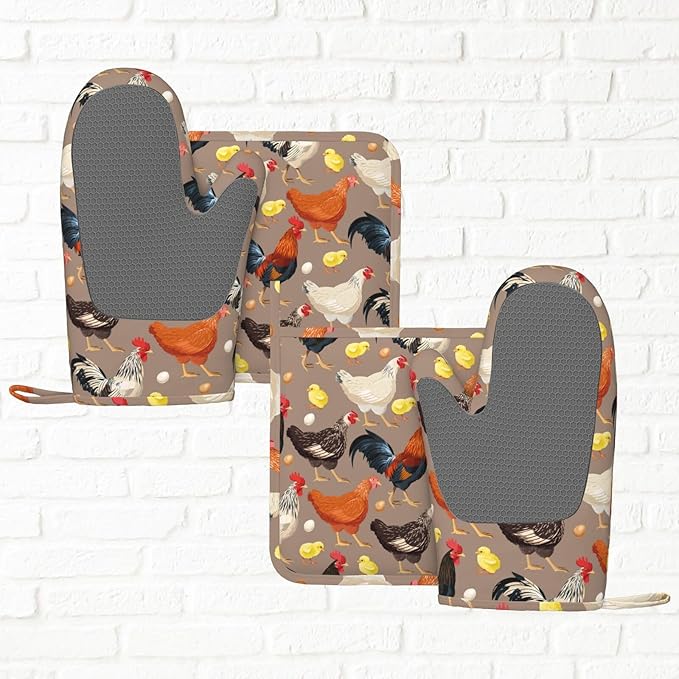 Fun Hen Chicken Rooster Oven Mitts and Pot Holders Set of 4 Silicone Heat Resistant Oven Mitten Potholders Non Slip Gloves Kitchen Decor for BBQ Cooking Grilling Baking