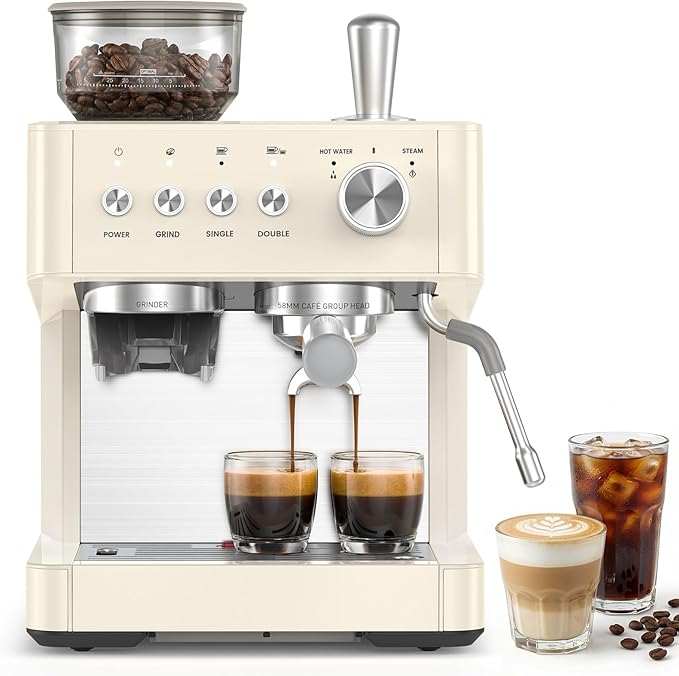 Kndko Espresso Machine with Grinder, 20 Bar Espresso Coffee Machines with Milk Frother Steam Wand, Espresso Maker for Latte, Cappuccino, Hot/Cold Brew, White